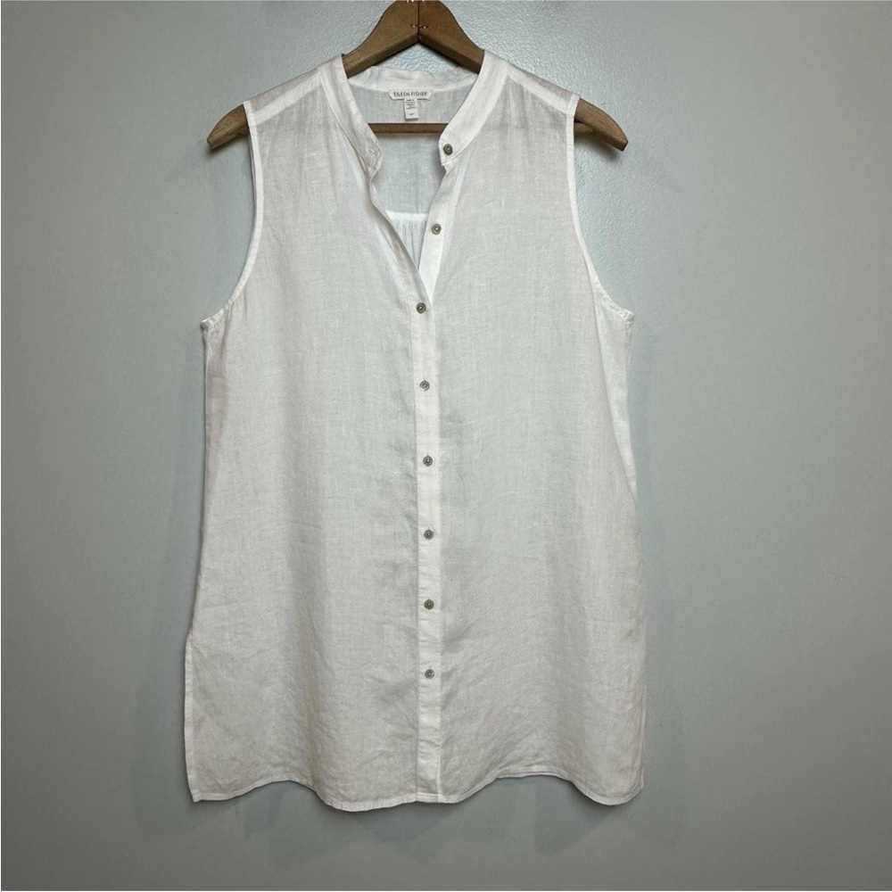 Eileen Fisher 100% Organic Linen Top White Tunic Length Sleeveless Button Size S